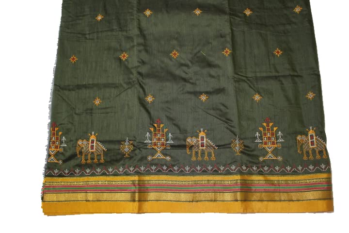 Image of Women Ilkal Cotton Blended Silk Kasuti Embroidery Saree with Traditional Stripe Pallu Unstitched Blouse Pattu