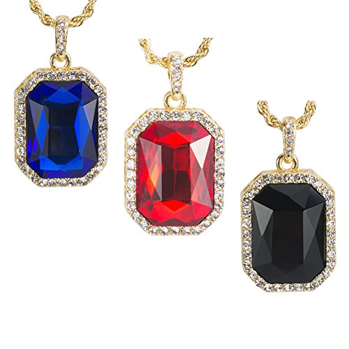 3 pcs Yellow Gold Plated Hip Hop Men's Ruby Octagon Pendant Necklace - 3mm 24" Rope Chain Jewelry - Red,Black,Blue 3pcs By Cy-trendy