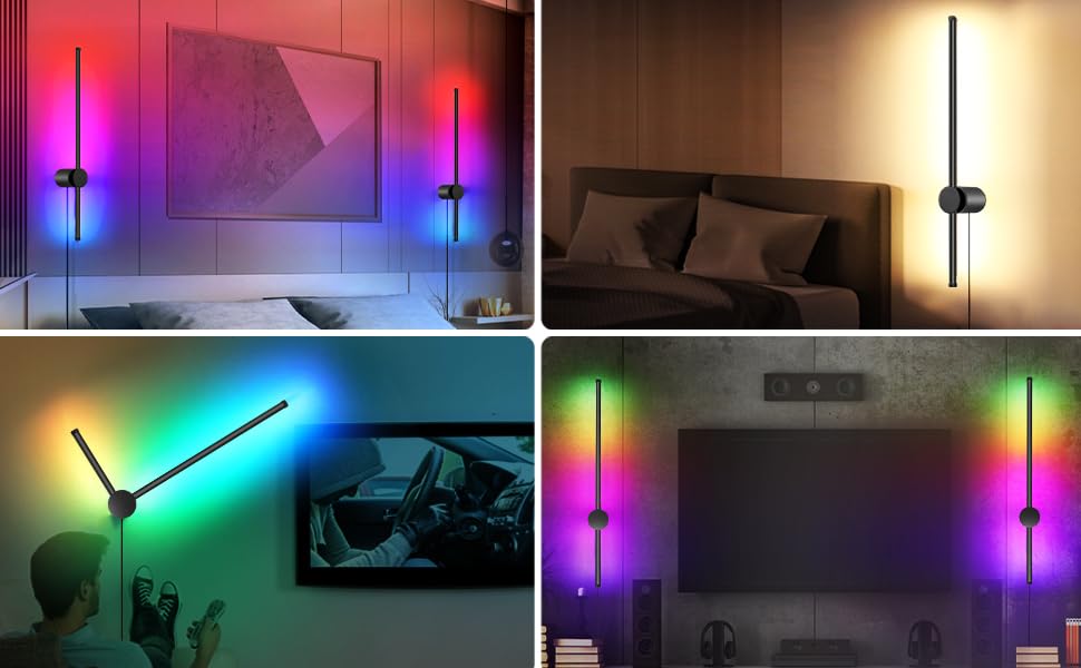 Image of RGB LED Wall Sconces Set of Two with Remote, 15 Color Modes, Dimming, DIY 180 Rotate, Black Plug in Wall Sconces with Warm Light, Dynamic Multicolor Ambience Lights, Plug in Wall Light, 23.6 Inches