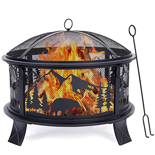 Fire Pit, 24" Round Metal Fire Bowl for Camping Backyard Patio Bonfire Outdoor Wood Burning with Spark Screen