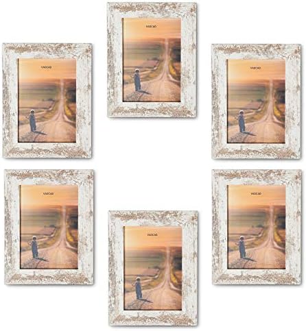 VADCAD Picture Frames 5x7 (6-Pack) - White Rustic Distressed Farmhouse Wooden Frame - Photo Frame with Acrylic Front Ready to Hang or Stand