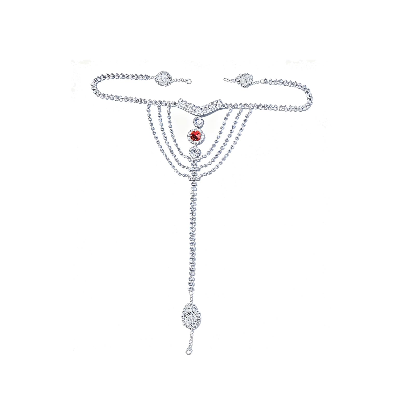 Rhinestone Belly Waist Chain Jewelry Crystal Thong Panties Luxury Rhinestone Underwear G-String Body Chain for Women Nightclub Party (Red Rhinstone Thong)