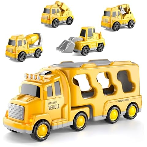 IHAHA Construction Toys for 1 2 3 4 5 6 Years Old Boys Toddlers, 5 in 1 Carrier Trucks Cars Toys for Toddler Boy Girl Birthday, Cars Friction Power Toys with Light Sound Cover