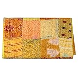 Boho Sanskriti Indian Silk Patchwork Kantha Quilts Queen Twin Size Patola Bedspread Throws Bedding Comforter Hand Quilted Blankets Premium Bohemian Bed Cover for Sale- Mix Yellow Color Shades Patches