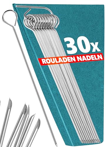 Menz Rouladennadeln SET - 30 Stück Rouladennadeln Edelstahl rostfrei 10 cm lange Rouladenspieße mit Grifföse und scharfer Spitze als praktischer Ersatz für Rouladenklammern