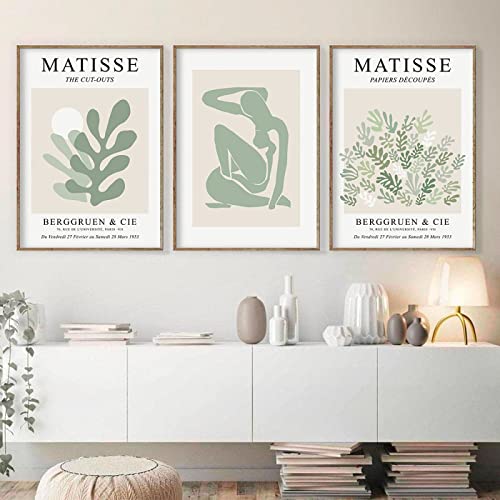 Peinture toile salon Matisse vert sauge lot de 3 affiches abstrait femme pour deco zen