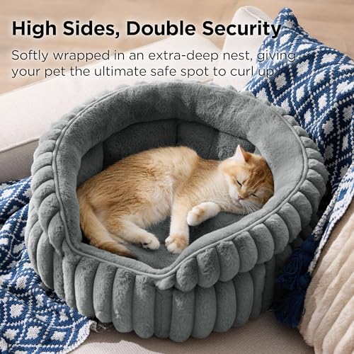 Image of Bedsure Cat Bed Washable Kitten Bed - 51x51cm Corduroy Fleece Small Round Cat Beds for Indoor Cats, Puppy Bed with Non-Slip Bottom and Removable Reversible Cushion, Grey