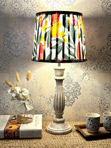Image of Green Girgit Athens Wooden Lamp in Distress White Color with Pleeted Multiolor Yellow Leaves Shade, Vintage Style Table Lamp with Tropical Print Shade, Decorative Bedroom Lighting (LED Bulb Included)