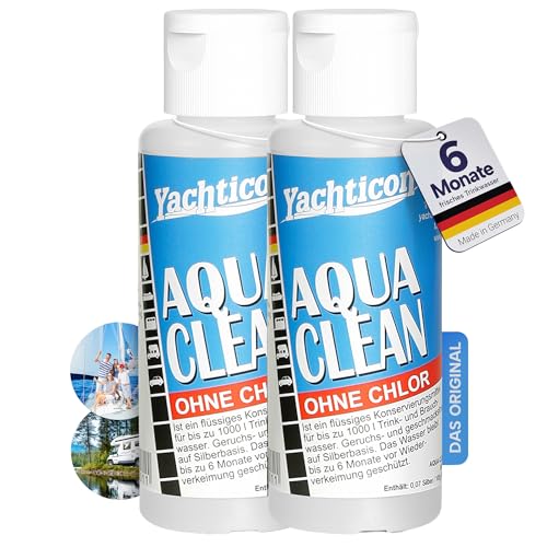 YACHTICON Aqua Clean 2 x 100 ml ohne Chlor Trinkwasser-Konservierung für mittelgroße Wassertanks hält bis zu 6 Monate frisch auf Silberbasis bewährte Formel seit 1982 Made in Germany