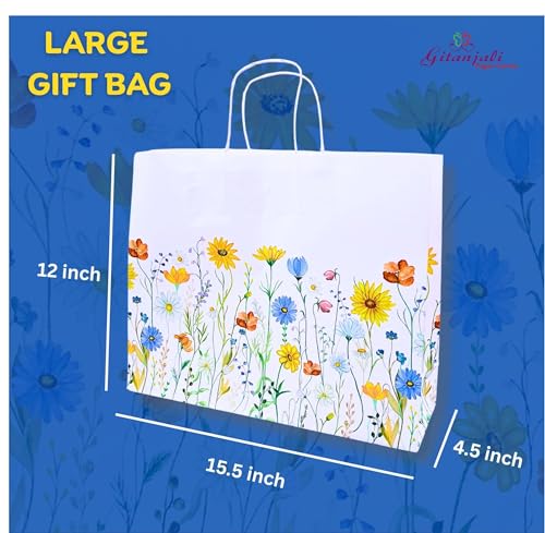 Image of Gitanjali Paper Curves Gift Bags- 5pcs 15.5x12x4.5 inch Floral Design Large Paper Bags with Handle, Return Gift Bag, Party Favor Goodie Treat Bag, Paper Carry Bags, Disposable Paper covers (Large-Floral, Pack of 5)