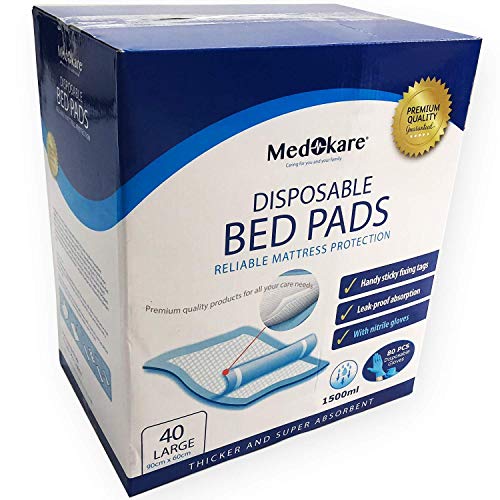 Medokare Disposable Incontinence Bed Pads, with 80 Gloves, 1500ml Disposable Underpads for Elderly