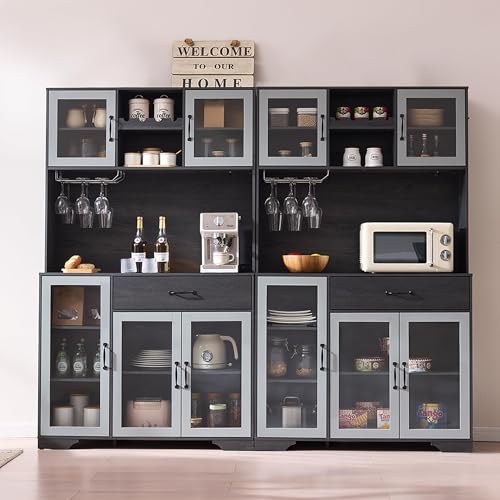 Image of Fatmok 71 inch Pantry Cabinet with Wine Rack and Charging Station, Set of 2 Tall Coffee Bar Cabinets with LED Lights, Drawer, Adjustable Shelves, Kitchen Hutch Storage, Grey
