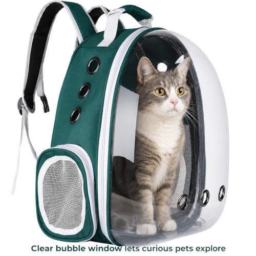 Image of Cawypety Cat Backpack Carrier, Breathable Cat Carrier Pet Backpack for Kitty Small Dog Up to 15Lbs, Transparent & Foldable Pet Carrier for Travel Hiking (Green, Bubble)