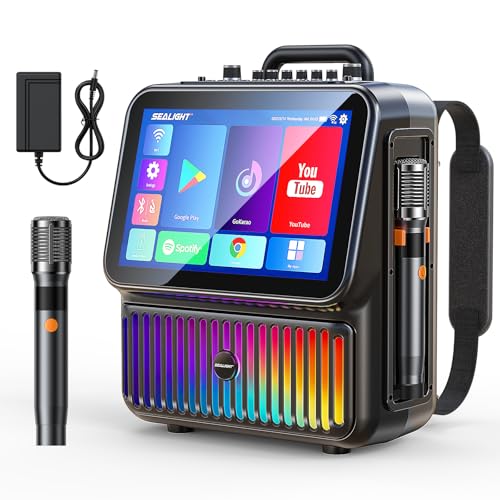 SEALIGHT Karaoke Machine for Adults-with Screen 13.3', Karokee Machine with 350W Bluetooth Speaker, 2 Wireless Mics, DJ Lights & Pitch Correction, Professional Karaoke System for Home Party(Upgraded)