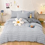 Cozyone 布団カバー 4点セット セミダブル シングル シーツ シアサッカー生地 洋式・和式兼用 寝具カバーセット 掛け布団カバー ボックスシーツ 枕カバー ベッド用 布団用 優しい肌触り柔らかい 洗い替え 速乾タイプ ピーチスキン加工 四季通用 (ライトグレー+グレー, セミダブル・4点セット)