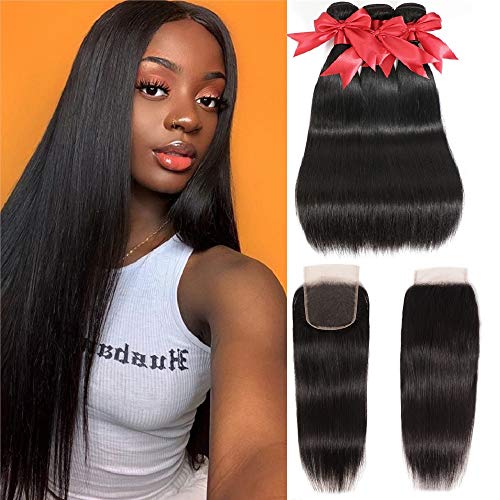 10A Brazilian Straight Bundles with Closure (16 18 20+14) 100% Human Hair Bundles with Closure Unprocessed Virgin Straight Hair Weave 3 Bundles with Lace Closure Free Part