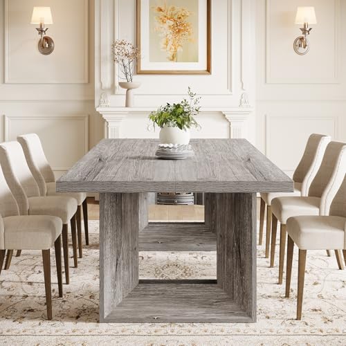 Image of Tribesigns Farmhouse Dining Table, 63-Inch Rectangular Kitchen Table with Strong Geometric Frame for Kitchen & Dining & Living Room, Grey