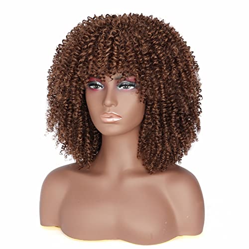 PORSMEER Curly Afro Wigs for Black Women Short Kinky Curly Wigs with Fringe Premium Synthetic Hair Full Fluffy Brown Wig for Ladies Daily Wear or Cosplay Party,14inch - Image 4