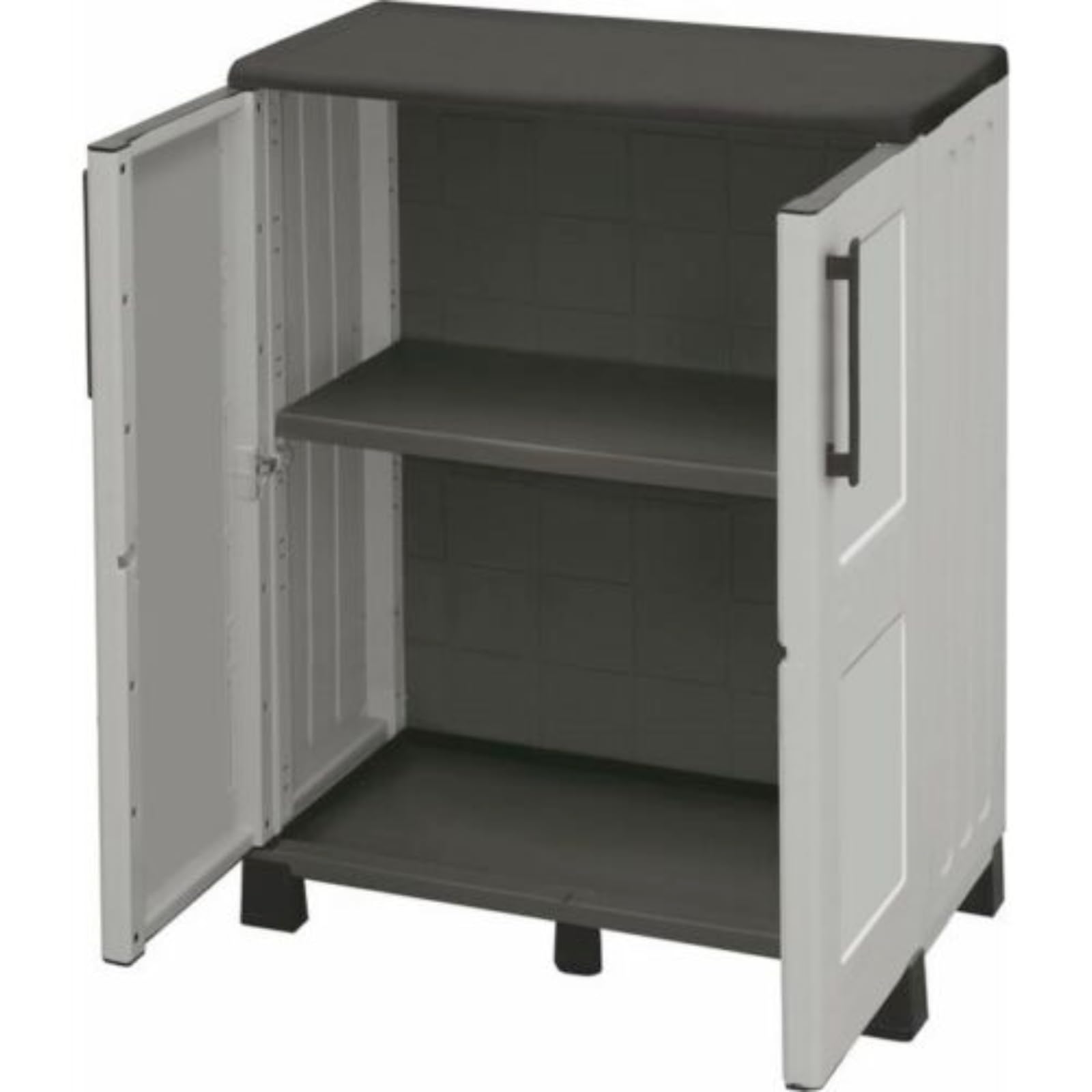 Armadio in Resina Impermeabile 2 Ante Basso,Portascope,Tuttopiani Da Esterno Interno Mobiletto Modulare Salvaspazio Montaggio Facile - Boxi (Grigio, Armadio Basso)