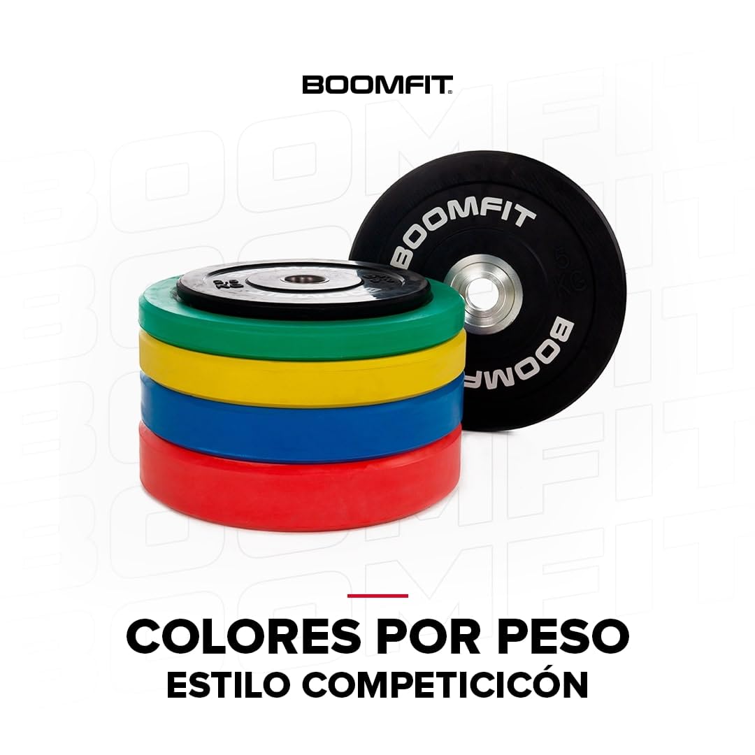 BOOMFIT Discos de Competición de Goma 2,5-25 kg para Barra Olímpica 50 mm | rebote controlado y color identificativo por peso | Kit Gimnasio en Casa, CrossFit, Halterofilia y Powerlifting