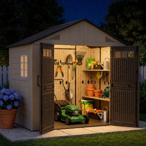 Image of Aoxun 8x6 Ft Outdoor Storage Shed with Lighe & Floor, Resin Outdoor Shed with Lockable Door & Windows, Garden Sheds for Lawn Tools, Pool Supplies & Bikes
