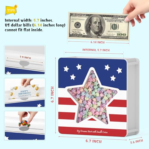 Image of Summidate Wooden Money Saving Box, Clear Window Cash Vault Savings Box with DIY Stickers, Personalized Star Piggy Bank for Kids & Adults, Birthday /Baby Shower /Wedding Gift