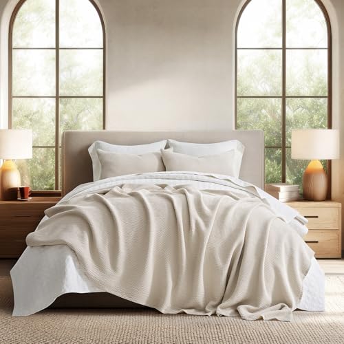 EverGrace 100% Cotton Waffle Bed Blanket King Size Soft Premium Cotton Coverlet Set with 2 Matching Shams Lightweight All Season Bedding Set Oversized Bedspread 108x96 Birch