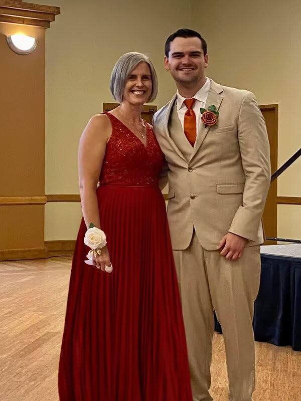 V Neck Mother of The Bride Dresses for Wedding Long Chiffon Lace Formal Evening Dress PU2584