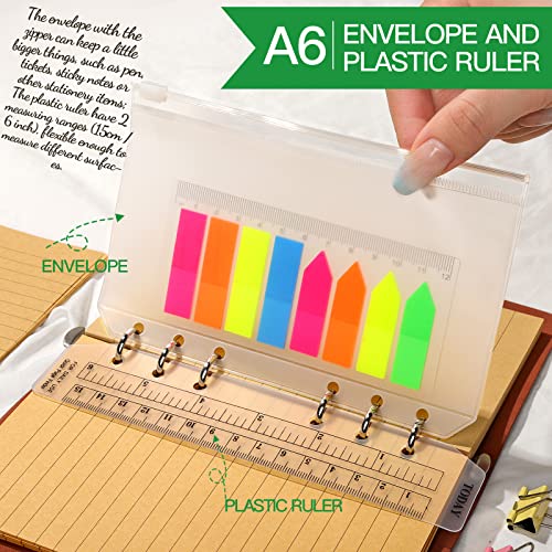 FANDAMEI Linierte Kraftpapiere Papier Nachfüllpapiere Set, 6 Löcher Craft Paper A6 Nachfüllbare Notizpapier 90 Blätter, 7 Stk. Trennblätter, 320 Stk. Haftnotizen, 15 CM Lineal, 1 Stk. Umschlägbeutel