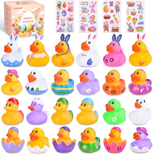 24 Pcs Easter Rubber Ducks in Bulk, Bunny Duckies for Jeep Ducking,Mini Spring Rubber Ducks for Kids Baby Bath Pool Toys, Floater Duck Easter Basket Stuffers and Party FavorsS