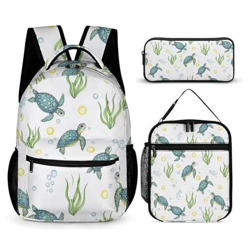 Backpack with Lunch Box & Cosmetic Bag Set Watercolor Sea Turtles Bookbag Daypack Set Backpack with Lunch Bag Storage Bags