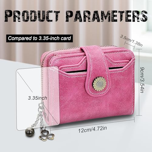 Small Wallets, PU Leather Bifold Card Holder Wallet for Women, Flower Decoration Compact Purse with Coin Pocket (Pink)2