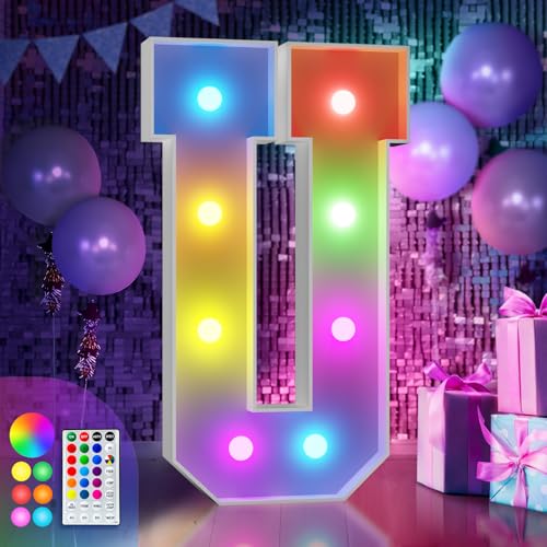 Image of Imprsv Colorful 3FT Marquee Letters U, 18 Colors Large Light up Letters | RGB with Remote, Birthday Party Decorations Anniversary Wedding Decorations Assembly Required 20 Pcs Accessory Set