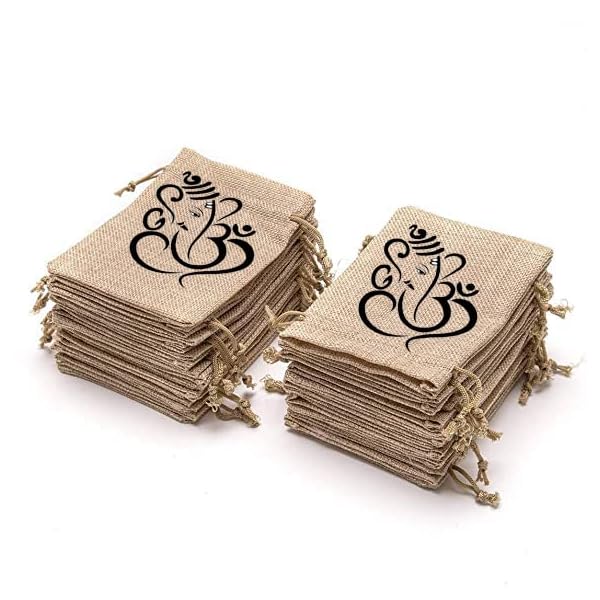 Handmakers Women Brown Jute gift potli pouch with ganesh print (set of 15) - Image 5