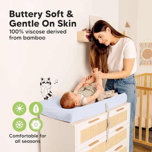 Image of 2-Pack Baby Changing Pad Cover for Girl, Boy - 34x18 Soft Viscose Derived from Bamboo Baby Diaper Changing Table Pad Cover Sheets, Neutral, Snug Fit Nursery Diaper Change Sheets (Blue Flax)