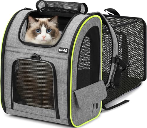 Pecute Zaino per Cani Gatti Estensibile Grandi, PortatileTrasportino per Gatti,Cuccia Portatile, Trasportino Estraibile Indicato per Viaggi Sia Lunghi Che Corti, Grigio
