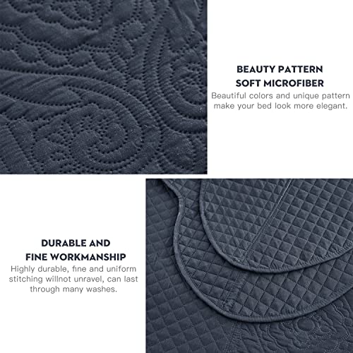Image of HZ & HY Oversized King Bedspread, Embossed Damask Quilt Set King /Cal King, Lightweight Reversible Coverlet, Scalloped Edge - Deep Classic Look, 5 Piece, Navy Blue