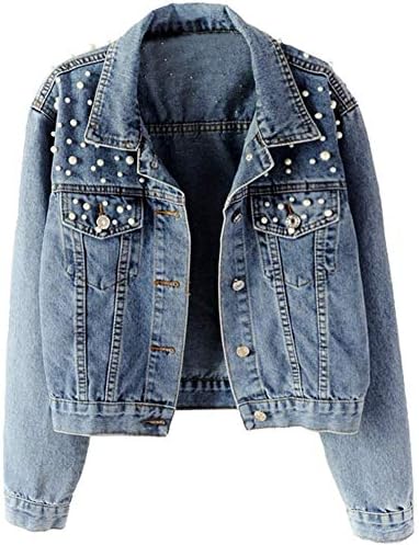 Kedera Women Oversized Denim Jacket Embroidered Pearls Beading Jeans Coat (Blue, XX-Large)
