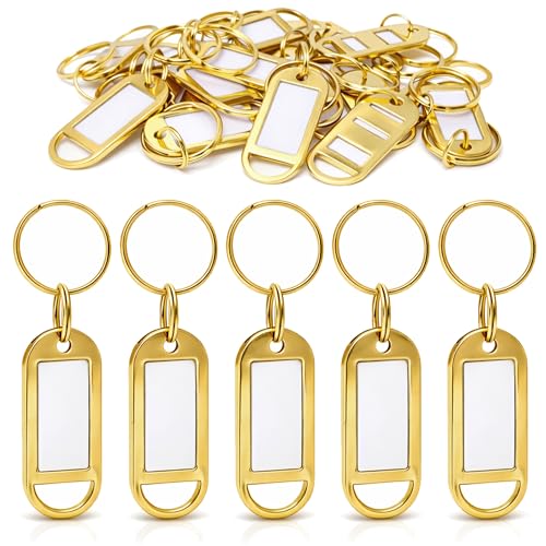 Portes-clés Métalliques Or avec Étiquette Amovible – Set 10 – Étiquette Protégée à Écrire, Réutilisable – Porte-clés Robuste pour Clés,...