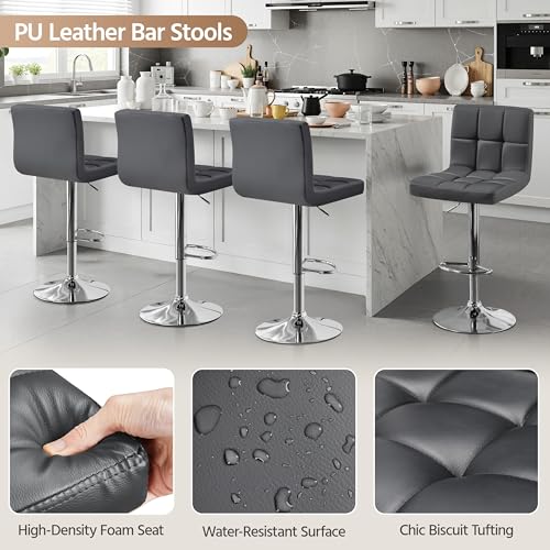 Image of Yaheetech Bar Stools Set of 2, Adjustable PU Leather Swivel Barstools, Modern Counter Stools with Back and Footrest, Counter Height Barstools for Bar, Kitchen, Dining Room, Gray
