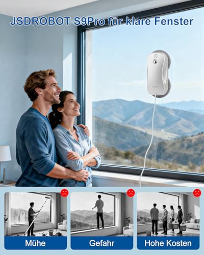 JSDROBOT S9PRO Fensterputzroboter, Tragbarer Fensterputzroboter Intelligente Reinigungspfadplanung Handähnliche Rotierende Fensterreinigung Bilateraler Wasserspray Kantenerkennungstechnologie