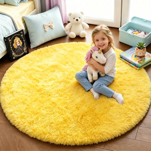 Image of PAGISOFE Round Area Rugs 5Ft, Fluffy Yellow Carpets for Bedroom Girls,Cute Rug for Girls Room,Fuzzy Rug for Playroom,Circle Rugs for Kids Room,Shag Furry Carpet Rugs for Reading Nook, Baby Room