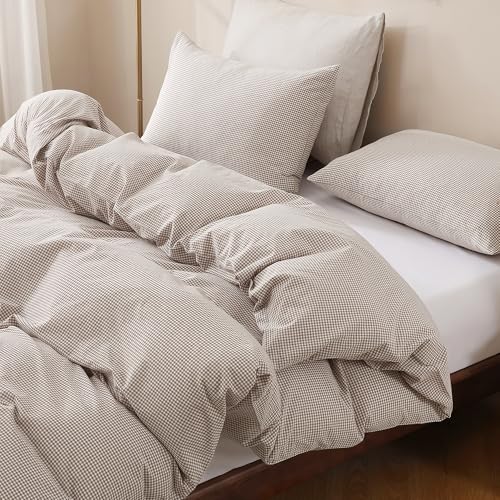 Image of TOCOMOA Mini Gingham Tan Duvet Cover Bedding Set 100% Washed Cotton Like Linen Feel Super Soft Comfy 3 Piece Brown Small Plaid Checkered Comforter Cover Set (King 104 inchx90 inch, Comforter Not Included)