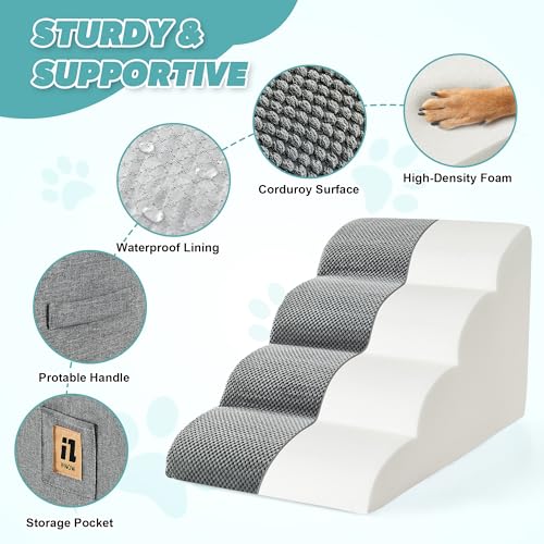 IFNOW Dog Stairs for Small Dogs 15.7''H, 4-Step Sturdy Dog Steps for Bed, Couch, Sofa, Waterproof Pet Stairs for Older Cats, Puppy, Removable Washable Cover, Non-Slip Curved Pet Ramp Indoor, Grey - Image 3