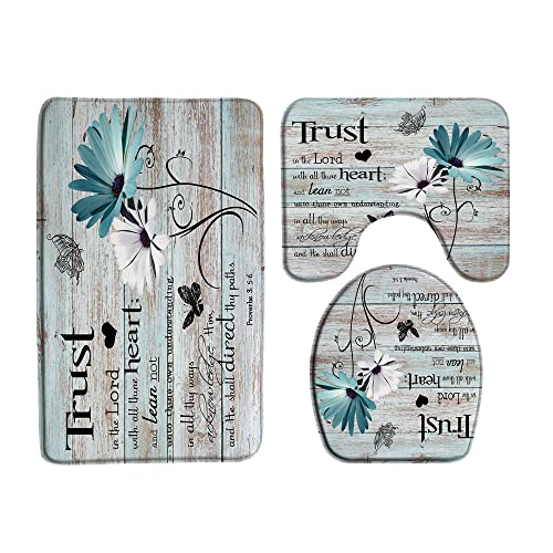 DSMEUE Inspirational Quote 3 Piece Bath Mat Sets,Rustic Teal Floral Wooden Board Trust in The Lord Motivational Vintage Bathroom Kitchen Rugs,16