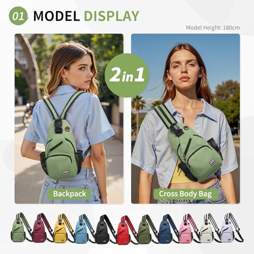 Image of Convertible Sling Bags for Women Men, Lightweight Crossbody Backpack Daypack Fit for 7.9 inch Tablet for Casual Travel Sport Hiking (Green)