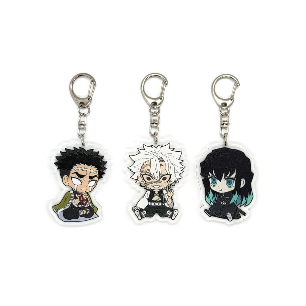 Set of 3 Demon DS Acrylic Keychain Hashira: Gyomei Himejima, Sanemi Shinazugawa, Muichiro Tokito v2, Multicolored, Pendant Height: 2 inches