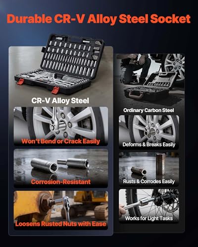 Image of VEVOR Mechanics Tool Set, 159-Piece Mechanic Tool Kit, 1 /4 in, 3 /8 in, and 1 /2 in Drive, SAE and Metric Socket Set, Wrenches, Screwdriver Bits, Accessories, and Storage Case, for Automotive Repair