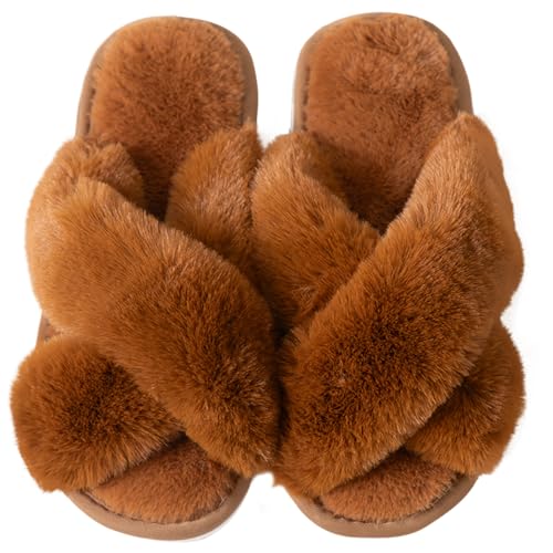 Image of Enteer Women's Slipper Memory Foam Cross Band Fuzzy Slippers Open Toe Cozy House Slippers Cozy Plush Bedroom Indoor Outdoor