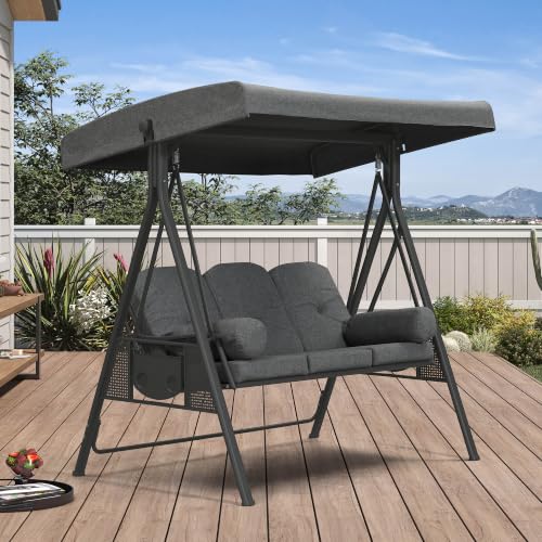 Image of PURPLE LEAF Patio Swing 3-Seat with Stand and Adjustable Canopy, Dark Gray